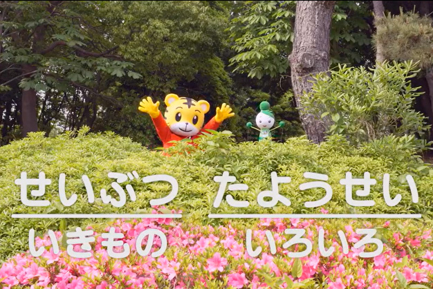 Shimajiro and friends raising their hands from among the plants, with the on-screen text: "Biodiversity, Various Living Creatures"